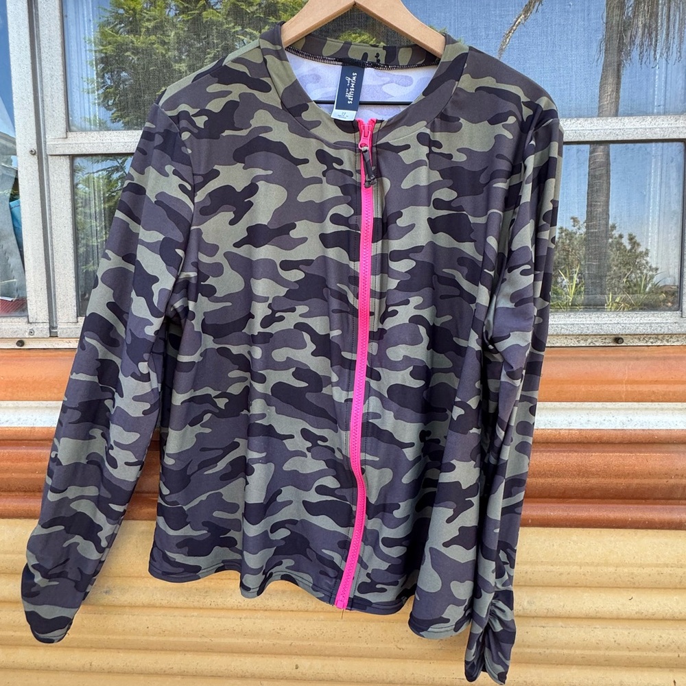 Swimsuits For All rash-guard long sleeved Camouflage Swim Coverup, Pink Zipper